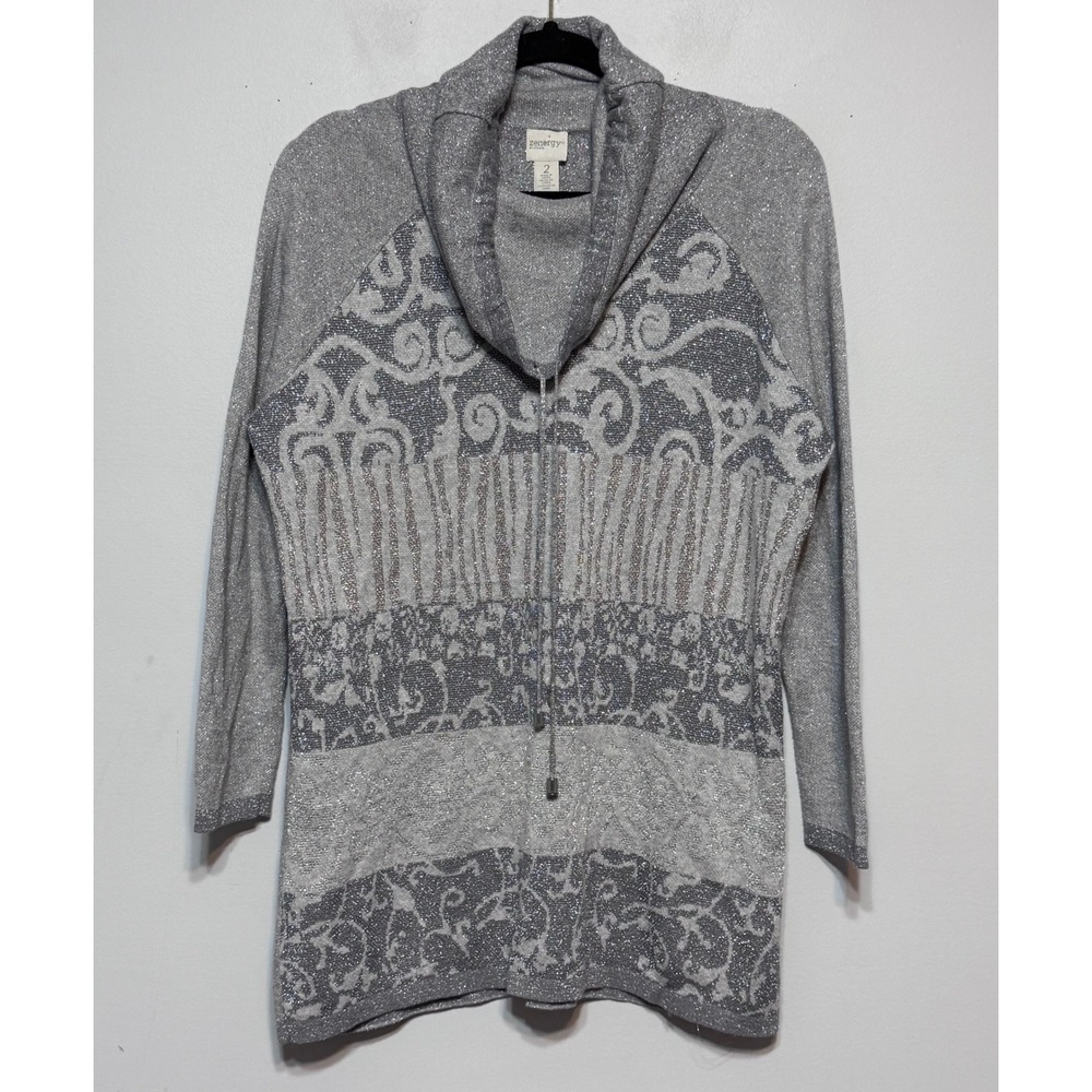 Zenergy by Chico's Elegant Silver Sparkle‎ Tunic Top Large Quiet Luxury Holiday